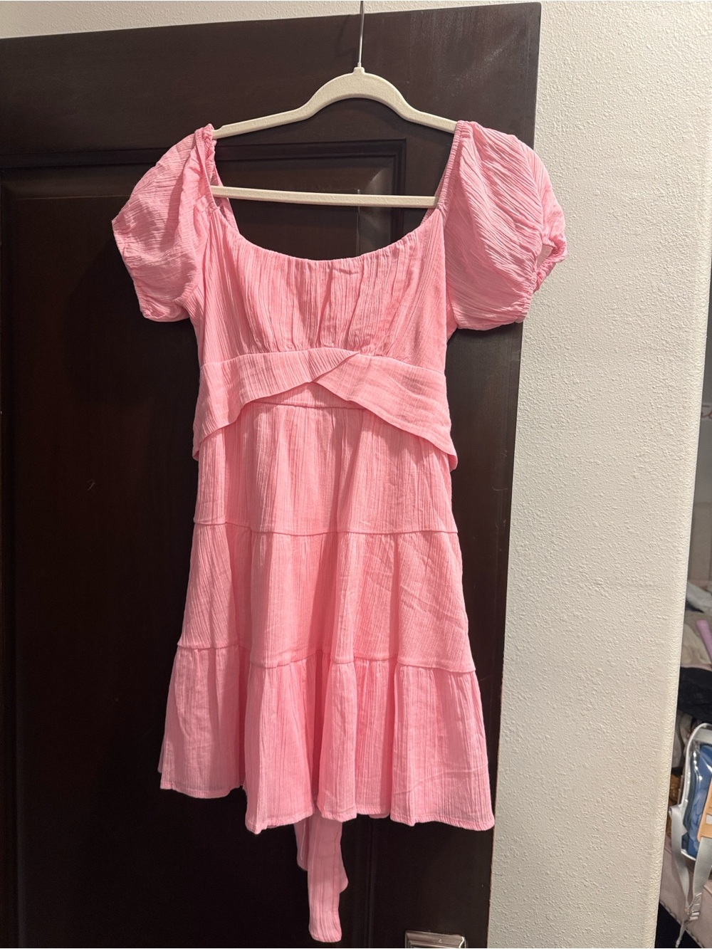 Altar'd State Pink Tiered Mini Dress with Puff Sleeves